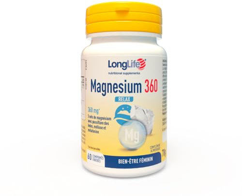 LongLife® Magnesium 360 Relax | Cycle du sommeil et relaxation | 5 sels de magnésium à haute biodisponibilité | Mélatonine et extraits de passiflore et mélisse | 60 comprimés | Sans gluten