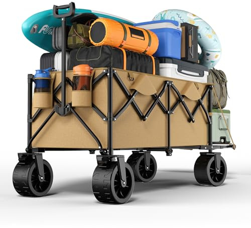 Devoko 332L Folding Festival Trolley on Wheels, Heavy Duty Camping Wagon Cart with Adjustable Tailgate, Extra-Wide 18cm All-Terrain Wheels, 180KG Load – Beach, Garden, Pull Along Trolley, Yellow