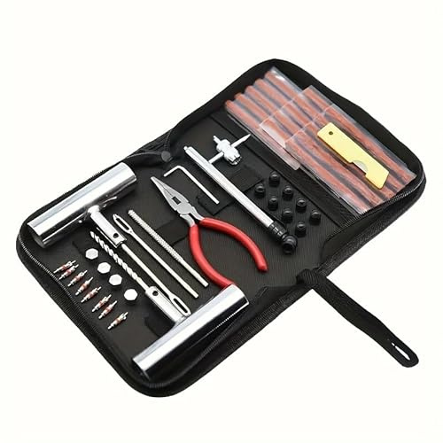 Kit de réparation de pneus professionnel avec prise et outils, kit de réparation universel pour voiture, moto, SUV, camion, tracteur et remorque, avec pinces, outil poignée en T, bouchons de valve et