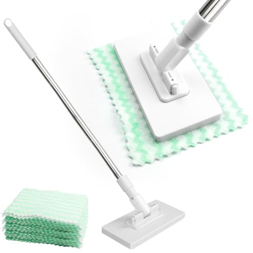 PIWOSGOL Wischmopp mit Druck-Klemm-System, EIN Knopf zum Wechseln, Automatisches Klemmtuch, Bodenwischer mit 10 Mikrofasertüchern für Enge Räume, Trocken & Nass Reinigung von Boden, Wand