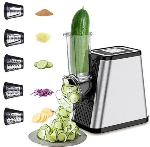 Gemüseschneider Elektrisch 5-in-1,Profi Gemüsehobel Edelstahl,Multi Gemüsehobel für Haus& Salat Zubereitung,500W Küchenreibe mit 5 Edelstahl-Klingen für Käse,Gemüse & Obst