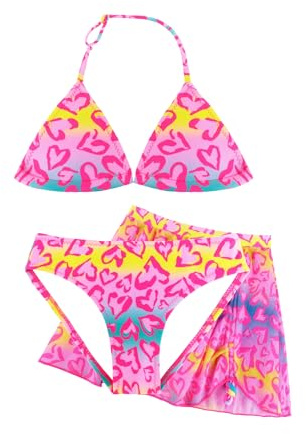 Ensemble Bikini Fille 3 Pièces avec Jupe Sarong, Maillot de Bain Deux Pièces à Bretelles Réglables, Tenue de Plage et Piscine pour Filles 4–12 Ans