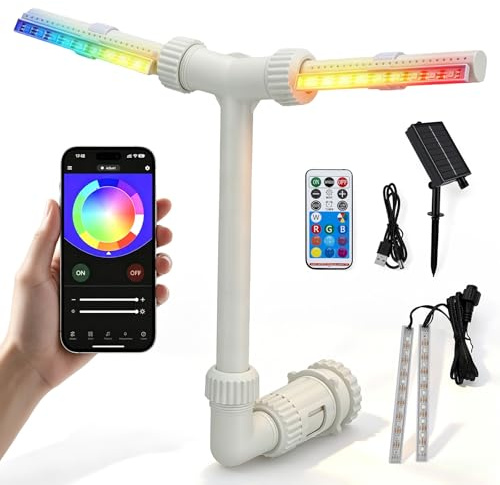 Fontana a cascata per piscina con luce LED, fontana solare con 17 modalità di illuminazione, telecomando e app, doppia testa regolabile a 360°, fontana per piscina per relax e feste, piscine da terra