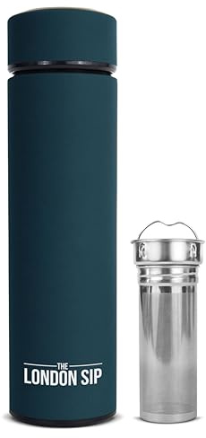 London Sip Multi-Purpose Tea Infuser Travel Mug and Tumbler Fruit Infuser Flask Hot and Cold Double Wall Stainless Steel Thermos with Extra-Long Infuser, Midnight Teal