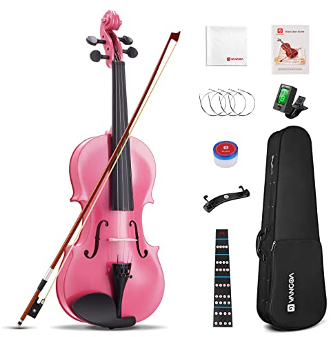 Vangoa 4/4 Violine Erwachsene Akustische Geige Violin Anfänger Set für Studenten Starter mit Geigenkoffer, Kolophonium, Schulterstütze, Stimmgerät, Saiten, Geigenbogen, Griffbrettaufkleber, Rosa