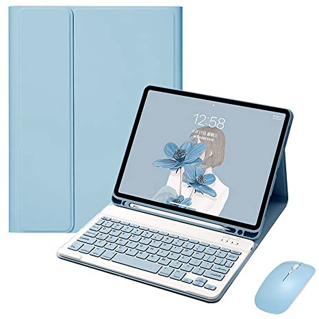 QYiiD Tangentbordsfodral och trådlös mus för iPad Mini 5 2019 (5:e generationen) / iPad Mini 4 2015, trådlöst Bluetooth-tangentbord QWERTY med pennhållare för iPad Mini 5/4/3/2/1, Blå