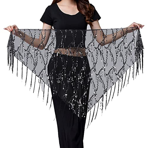 Wuchieal Women's Belly Dance Sequin Triangle Hip Scarf Sequins Mesh Triangle Wrap Skirts Black-Silver