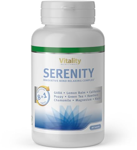 Relax Kapseln mit Gaba, Niacin, Magnesium, Vitamin B 6 & Pflanzenextrakten (90 Stk) Ausgeglichenheit, Ruhe, Mentale Stärke, Mind Relaxing Komplex Serenity Vitality Nutritionals by VitaminExpress