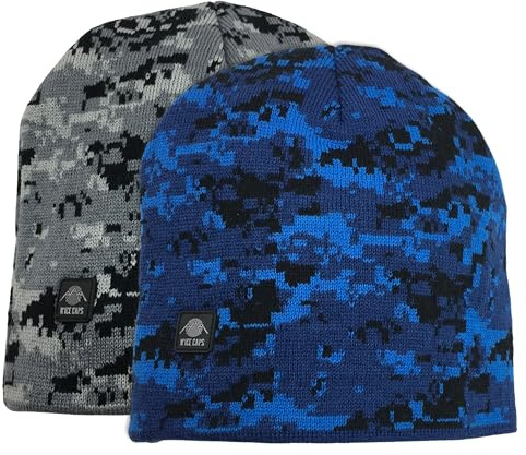 N'Ice Caps Kids Beanie Hats 2-Pack Double Layered Knit Winter Warm Boys Girls (Blue Camo/Grey Camo Pack, 8-14 Years)