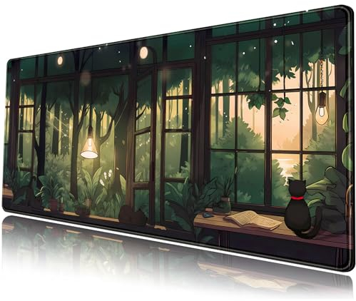 Cute Lofi Green Plants Mouse Pad - Large Black Cat Aesthetic Kawaii Anime Extended Gaming Mousepad XL Laptop Keyboard Mat - 31.5x11.8 Cute Office Desk Decor