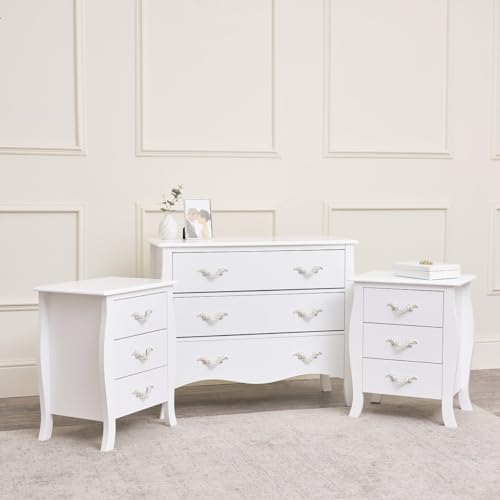 Melody Maison Large 3 Drawer Chest of Drawers & Pair of Bedside Tables - Elizabeth White Range