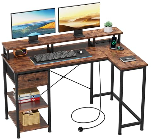Dripex L Shaped Desk with Power Outlet Corner Computer Desk with Storage Shelves & Fabric Drawer, Study Writing Table Gaming Desk for Home Office L120xW80xH88cm