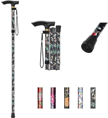 YF Bastone da Passeggio Pieghevole per Donne, Bastone Regolabile per Signore, Leggero e Pieghevole per Viaggi, Ausilio per la Mobilità per Anziani con Cinturino e Manico a T, Nero Floreale