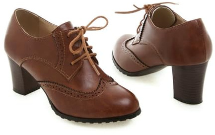 NMMAX British Women High Chunky Heels Fretwork Pumps Green Grey Round Toe Brogues Dress Office Lady Oxfords Retro Preppy Lace Up Derby-brown-37