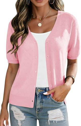 Yommay Women's Cardigans Summer Short Sleeve V Neck Open Front Knitwear Button Down Lightweight Casual Ladies Cardigans Cropped Shrugs,Light Pink,3XL