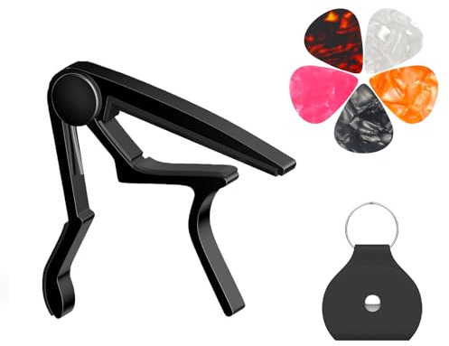 Capodastre pour guitare acoustique 6 cordes et 12 cordes, capodastre pour guitare avec support et 5 médiators, capodastre en métal pour ukulélé, mandoline, banjo et autres instruments à cordes (noir)