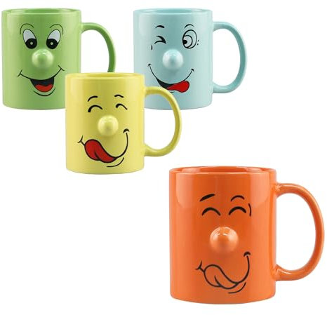4-tlg. Set Lustige Tassen mit Gesicht - Kaffeetassen witzig - Kaffeebecher lustig - Kaffebecher mit Gesicht - Kindertassen - Becher Größe 320 ml