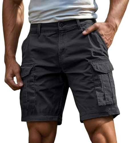 Pantalones Cortos Hombre Cargo, Shorts Hombre Verano Pantalón de Algodón Casual con Bolsillos Color Sólido Retro Pantalones Cortos Trabajo Running (Dark Gray-E, L)