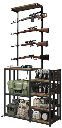 MILEFA Indoor Gun Racks, Rifle Rack Floor Stand, Heavy Duty Metal Gun Storage Shelf, Gun Display Rack for 4 Rifles and 8 Pistols,for Home Garage Office or Retail Shop, Retro Brown