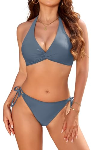 Nadeer Bikini Mujer Push Up Conjuntos de Bikinis Nudo Torcido Cuello Halter Sexy Sin Espalda Traje de Baño Mujer 2 Piezas Cintura Medio con Cordones Verano Piscina Playa Deportivo