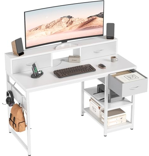 Devoko Scrivania Con Cassetti E Ripiano Reversibile, Scrivania Per Computer Con Contenitore, Supporto Per Monitor, Foro Per Cavi, 2 Ripiani Regolabili E Cassetto Inferiore, 120 X 50 Cm, Bianco