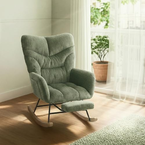 FLEXISPOT Rocking Chair with High Backrest & Armrests - Modern Swing Chair with Wooden Skids, Padded Recliner Chair for Living Room & Bedroom, Maximum Load 120 kg, Green