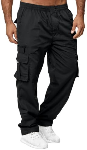 Relwxea Mens Cargo Trousers Elasticated Waist Work Trousers Straight Fit Jogger Outdoor Lightweight Pants with Pockets
