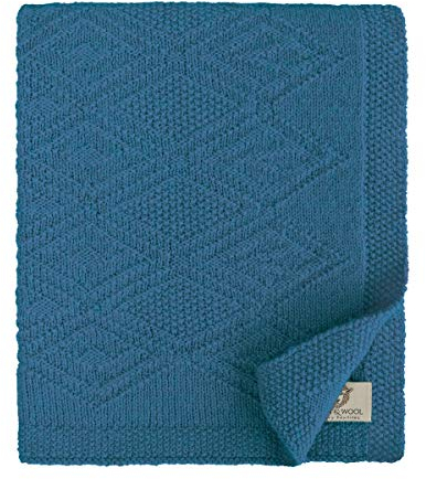 Linen & Cotton Krabbeldecke Wolldecke Gestrickt Lilou für Jungen Mädchen - 100% Reine Neuseeland Wolle, Blau (120 x 150cm) Babydecke Kinderwagen Babybett/Kuscheldecke Baby Groß Strick/Kinderdecke