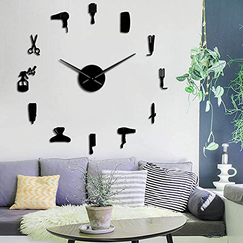 Orologio da Parete Grande per Negozio di Barbiere Con Effetto Specchio - Kit di Attrezzi da Barbiere - Orologio Decorativo 3D - Adesivo da Parete per Parrucchiere B-27