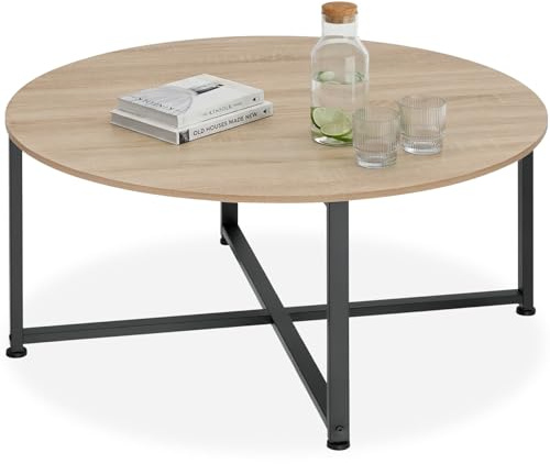 tectake® Tavolino Salotto 88,5x47cm, Tavolino Salotto o Divano, Tavolo Tondo, Design Moderno, Telaio in Acciaio, Piedini Regolabili, Ideale Soggiorno, Casa, Ufficio - Legno Industriale Chiaro
