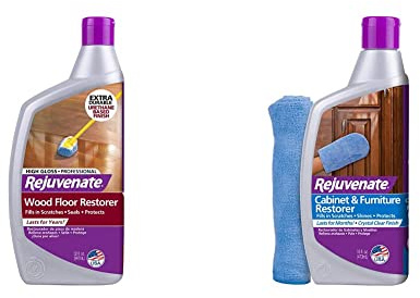 Rejuvenate Professional Wood Floor Restorer and Polish with Durable Finish Easy Mop On Application High Gloss Finish 32oz and Rejuvenate Cabinet And Furniture Restorer Fills In Scratches, Shines And Protects Indoor Cabinets And Furniture, 16 Ounces