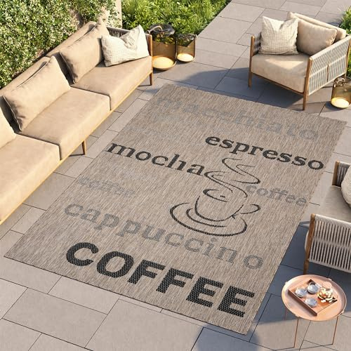 TAPISO Melissa Teppich Outdoor Braun Schwarz Kaffee Schrift Indoor Sisal Wohnzimmer Küche Balkon Terrasse Flachgewebe Kurzflor ÖKO-TEX 160 x 230 cm