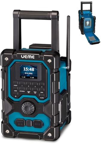 Baustellenradio Robustes DAB+ FM Radio mit Bluetooth 5.0, 16W Stereo-Lautsprecher, 8000mAh Akku bis 18h Spielzeit, USB Handy-Ladeanschluss, Aux Anschluss, Spritzwassergeschützt & Staubdicht (Blau)