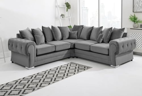 Sofahub Grey Plush Velvet Corner Sofa | Verona 2C2 Corner Suite for Living Room | 5 Seater Sofa with Foam Cushions | Modern Upholstered Corner Couch | Sofas & Couches | Scatter Cushions