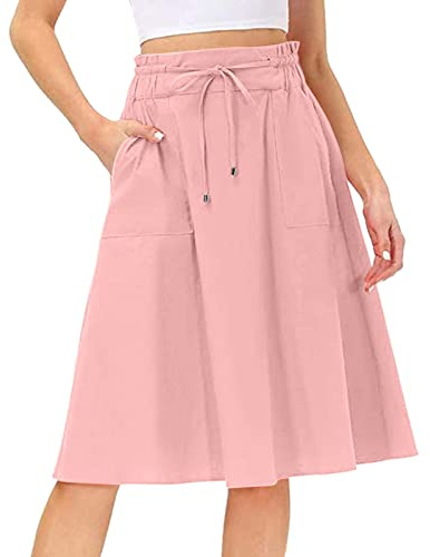 2025 - Falda maxi Boho Elástica para Mujer con Cintura Alta Casual Cordón Una Línea Falda Larga Plato Verano, Rosa., M