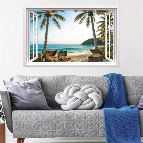 ANHUIB 3D Fake Window Wall Sticker Palm Tree Wall Stickers Seaside Landscape Wall Stickers 3D Sea View Wall Art for Living Room Mural Decals for Bedroom Bathroom Removable Seascape Decal Decor 84×52cm
