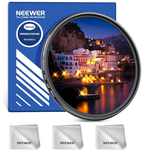 NEEWER Filtro de Estrella Ajustable de 58 mm de 4/8 Puntos, Pantalla Cruzada giratoria Multicapa, Filtro de Lente de cámara Starburst, Marco de Metal Delgado y 3 paños de Limpieza para fotografía