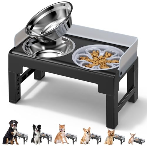 Euqvunn Gamelle pour Chien, 6 Hauteurs Réglables, Inclinaison 5°, Anti-éclaboussures, Gamelle Chien Surelevee Un Deux Bol INOX 1000ml Surélevé et Bol Anti-glouton, pour Petits, Moyens, Grands Animaux