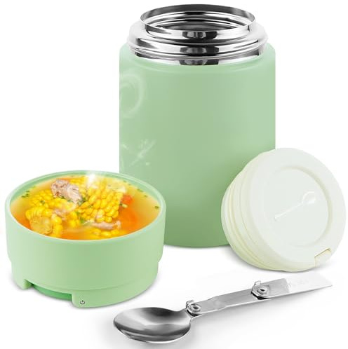 ICEBLUEOR Light Green Food Flask for Hot Food,316 Insulated Hot Food Containers,Leak Proof Hot Lunch Box for Kids,500ml/17.6oz Insulated Food Container with Handle（Phone Stand）& Spoon Office Picnic