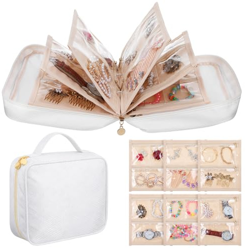 Travel Jewelry Organizer book pouch with Clear Zipper Cases, Adjustable Binder Storage for Earrings, Rings, Necklaces, Bracelets - Waterproof White Portable Jewelry Bag