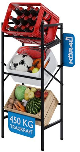 kör4u Getränkekistenregal Schwarz für 3 Kisten - Robustes Stahlregal mit 450 kg Tragkraft - Platzsparender Getränkekistenhalter für Keller, Küche & Vorratsraum