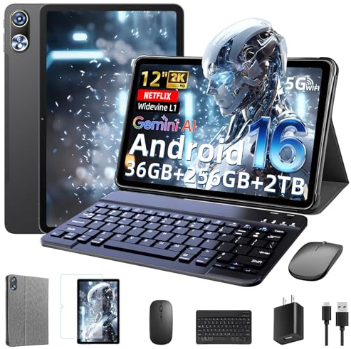 Raemond Android 16 Tablet 12 Inch with Keyboard, T7250 Octa-Core, 36GB RAM + 256GB ROM, 2000x1200 IPS 90Hz HD Display, 20MP+8MP, 9000mAh, Widevine L1, GPS, 2 in 1 Tablets with Mouse Stylus Gemini AI