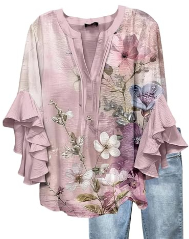 Camicia Donna Elegante con Volant Estiva Camicia Manica 3/4 Balze Camicetta Fantasia Curvy Manica Lunga Scollo a V Blusa Particolari Leggera Comoda Stampa Maglia Shirt Tops Taglie Forti Magliette