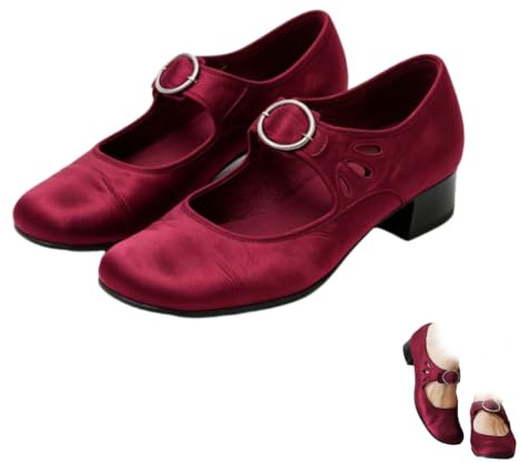 Dam Mary Jane tjocka klackskor vintage rund tå lågklackade pumpar, Röd, 40 EU | Retro stängd tå pumps utskuren rem, låg blockklack och bekväm passform för kontor, bröllop, fest och avslappnad stil