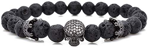 EXINOX Pulsera Cuentas de Piedra Volcanica | Hombre | Detalles Calavera y Corona | Lava King Volcan | Color Negro (19)