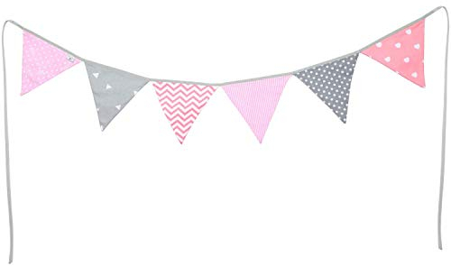 PREMYO Wimpelkette Kinderzimmer Mädchen Stoff - 6 Wimpel Girlande Bunt Beidseitig - Babyzimmer Deko Rosa Grau