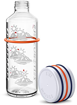 Stabile und dichte Glasflasche 600 ml mit Uhrzeiten, Zeiteinteilung, 0,6 l Trinkflasche mit Zeitmarkierung Trinkerinnerung, Kohensäure geeignet, BPA frei, auslaufsicher, Zeitbuddels SUNBEAM, Weiß