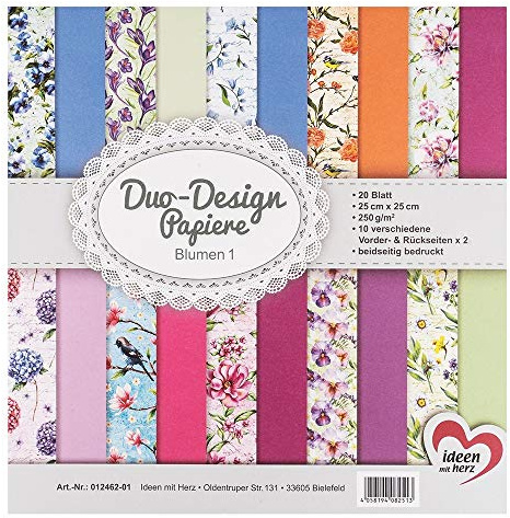 Ideen mit Herz Papiers décoratifs Duo-Design | Bloc de 20 Feuilles de Papier Craft | 25 x 25 cm | 250g/m² | imprimées Recto-Verso | Papier Dessin à Motifs | idéal pour Scrapbooking (Fleurs 01)