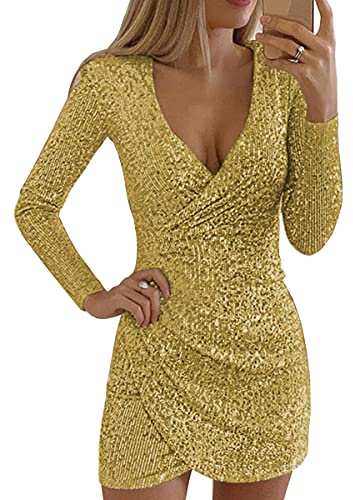 ORANDESIGNE Robe Femme Club Libertin Sexy Manche Longue Col en V Sexy Moulant Casual Paillette Brillante Disco Robe Mini Chic Clubwear Cocktail Moulante A Jaune XXL