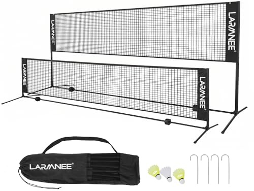 LARMNEE Badminton Netz, 5 m Volleyballnetz, Federballnetz, 3-Fach-Höhenverstellbar 107/120/155cm, Tragbares Set für Tennis, Badminton oder Volleyball, für Garten, Indoor, Outdoor EHS05BN02